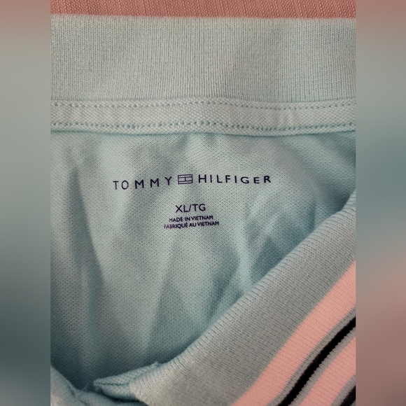 NEW-Tommy Hilfiger Aqua Polo Shirt with Striped Collar, Size XL - Picture 5 of 6